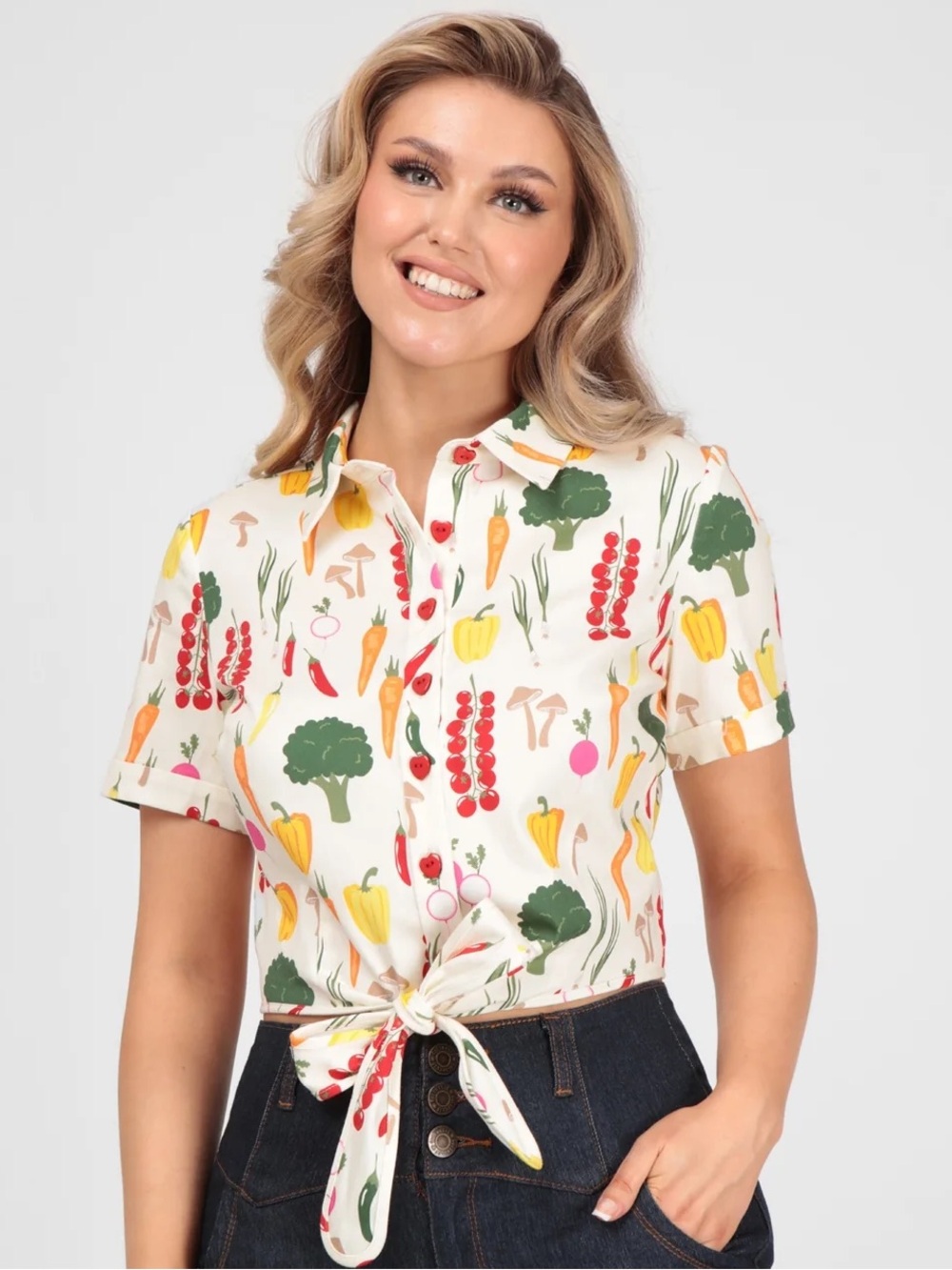 Vegetable-Print Tie-Front Button-Down Shirt
